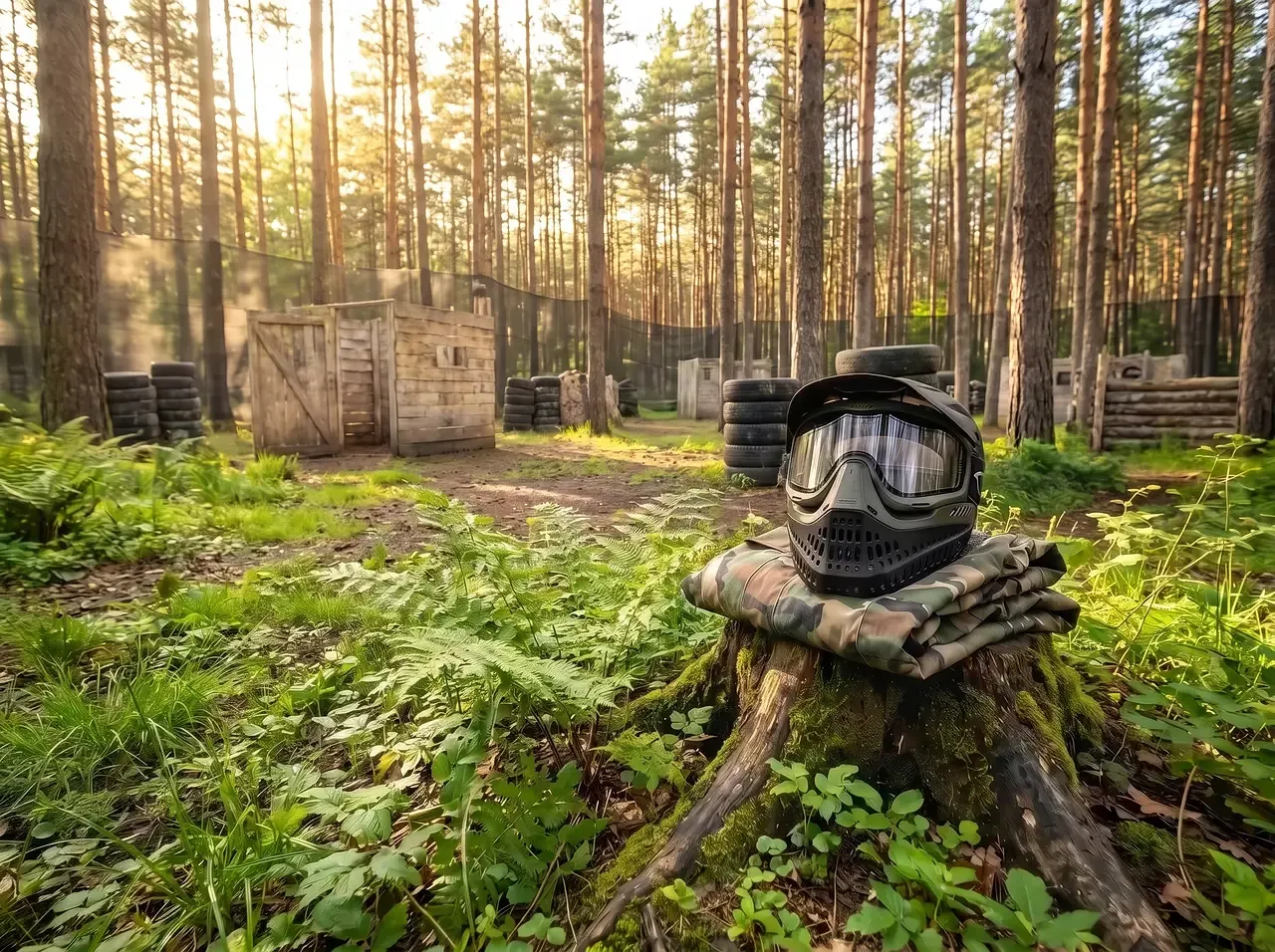 Paintballmask och kamouflagejacka på stubbe i skogsbana.