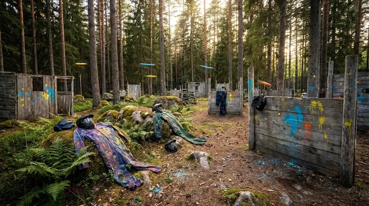 Övergiven paintballarena i skogen med färgstänkta väggar och utrustning.